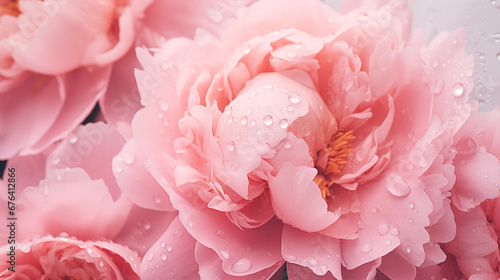 Bouquet of stylish peonies close-up. Pink and white peony flowers. Close-up of flower petals with water drops. Floral wallpaper. Delicate abstract floral pastel background. Generated AI