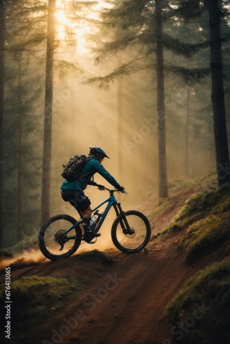 A male cyclist wearing a helmet does tricks and jumps on a bicycle in the forest at sunset