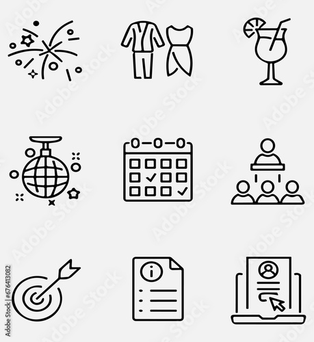 Set of event planning outline icons, organization. Linear icon collection. Vector illustration