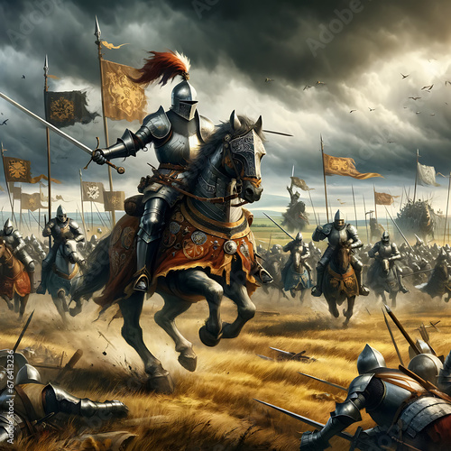 A dramatic illustration of a medieval battle scene with knights in armor clashing on an open field.