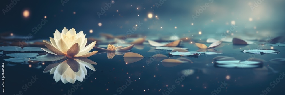 Beautiful white water lily or lotus. Radiant flower with rays of light. Enlightenment and universe. Magic spa and relaxation banner with copy space. Concept of religion, kundalini and meditation Beautiful white water lily or lotus. Radiant flower with rays of light. Enlightenment and universe. Magic spa and relaxation banner with copy space. Concept of religion, kundalini and meditation