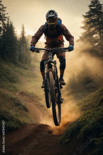 A male cyclist wearing a helmet does tricks and jumps on a bicycle in the forest mountains at sunset. Sports, active healthy lifestyle, travel concepts