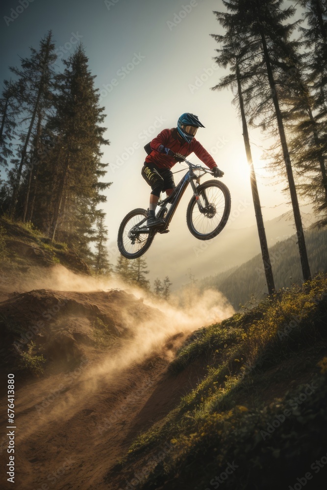 Sports, active healthy lifestyle, travel concepts. A male cyclist wearing a helmet does tricks and jumps on a bicycle in the forest mountains at sunset Sports, active healthy lifestyle, travel concepts. A male cyclist wearing a helmet does tricks and jumps on a bicycle in the forest mountains at sunset
