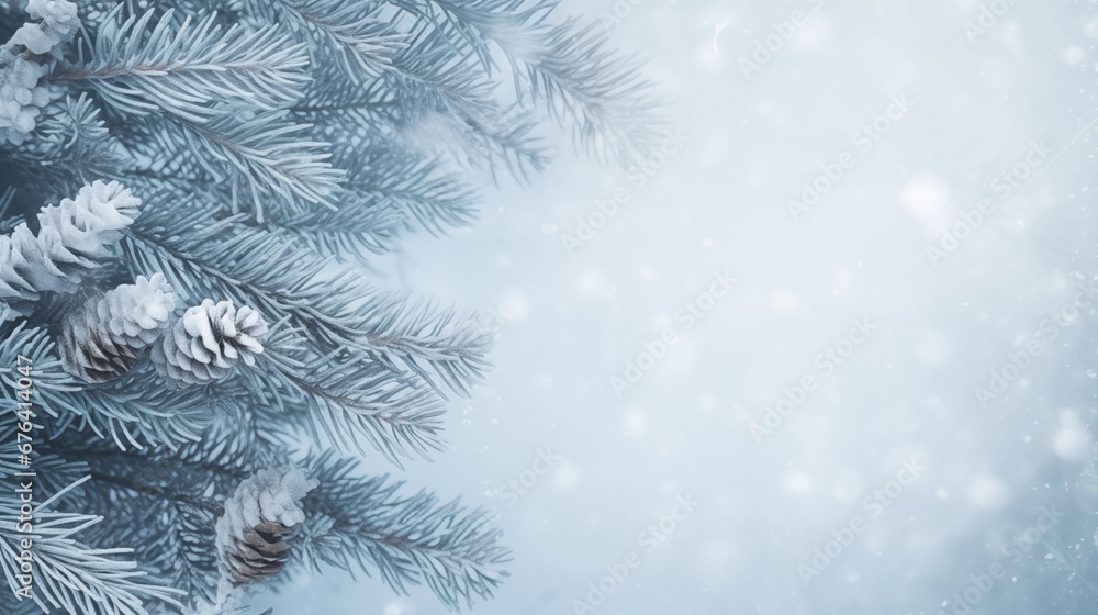 Close up winter fir tree branches with snow background.