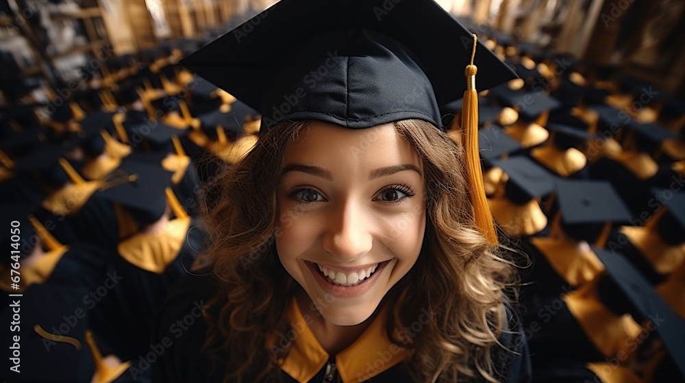 Obraz premium Happy, beautiful high school girl graduate in cap and gown, Carefree high school girl graduate with friends in cap and gown 