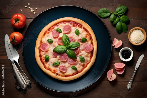 Pizza with tomatoes and basil in a plate.