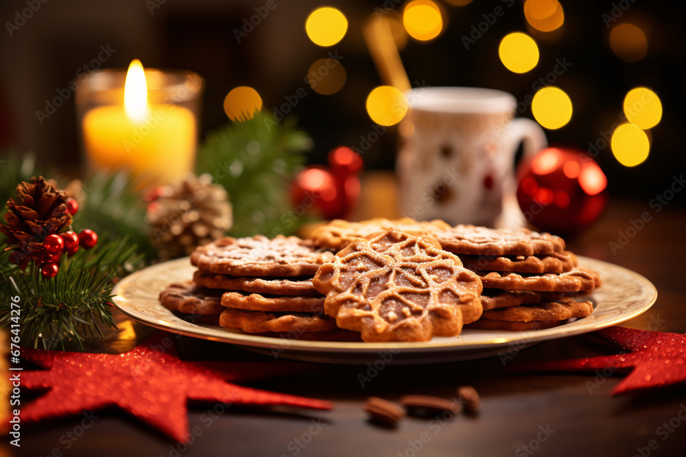 Plate of cookies with Christmas lights in the background Plate of cookies with Christmas lights in the background