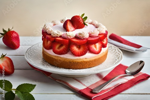 Cheesecake with strawberries on a wooden white table.