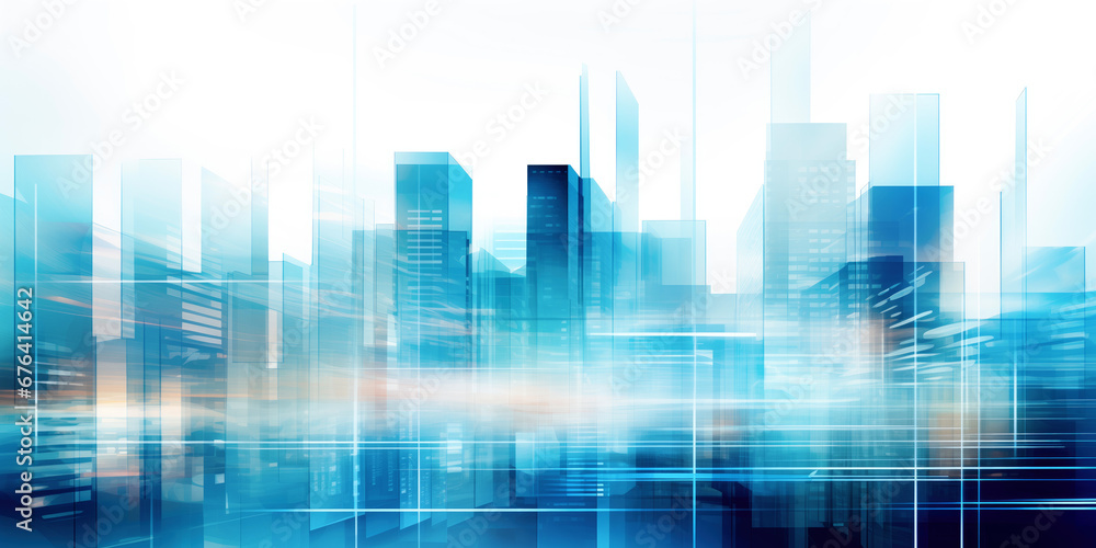 Abstract skyscrapers white and blue background, geometric pattern of towers, perspective graphic shapes of buildings - Architectural, financial, corporate and business brochure template
