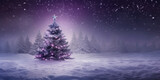 Christmas tree in the magic winter forest with stars in glowing purple night, Christmas greeting card mockup with free space for text