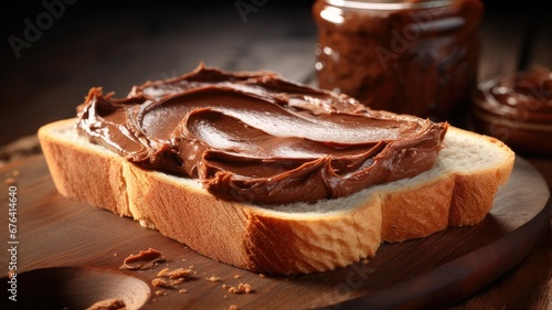 Slice of bread with cocoa cream and hazelnut spread photo