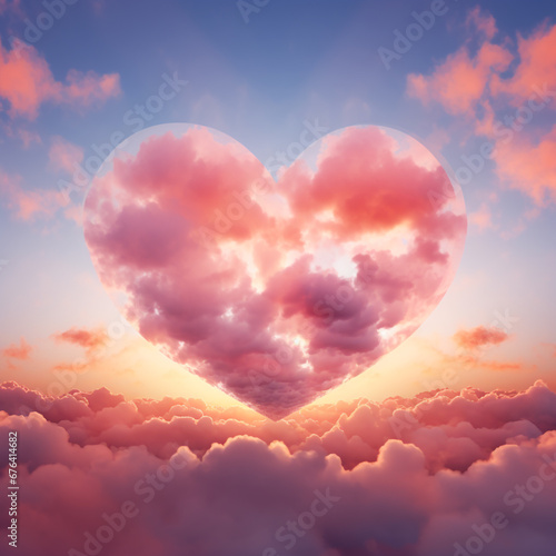 Cloud heart Shape warm color on blue clear sky, nature abstract background