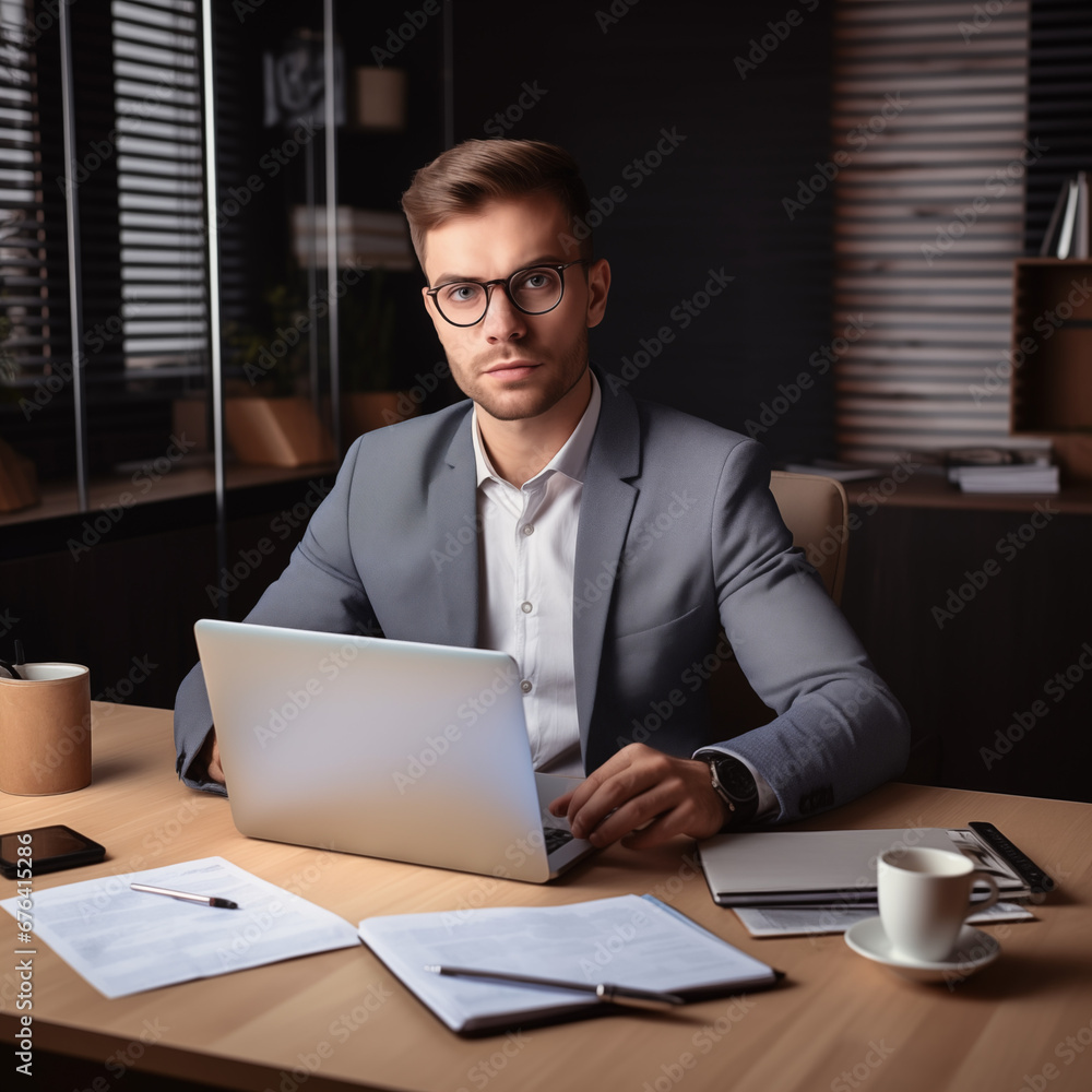 businessman working on laptop in the office, Generative AI businessman working on laptop in the office, Generative AI