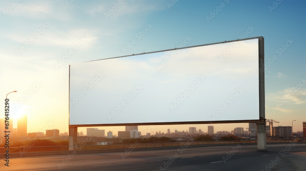 Large billboard on the roadside, with white blank screen for presentation 3D mockup template purposes. Large billboard on the roadside, with white blank screen for presentation 3D mockup template purposes.