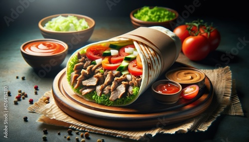 Delectably presented Shawarma wrap, showcasing its textured wrap, succulent meat, fresh vegetables, and sauces in a minimalistic setting. 