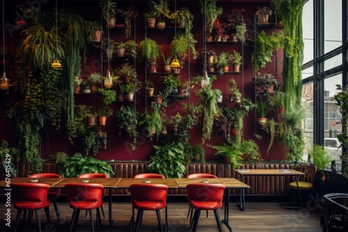 Cafe, restaurant with vertical garden on the wall. Architecture, decor, eco concept