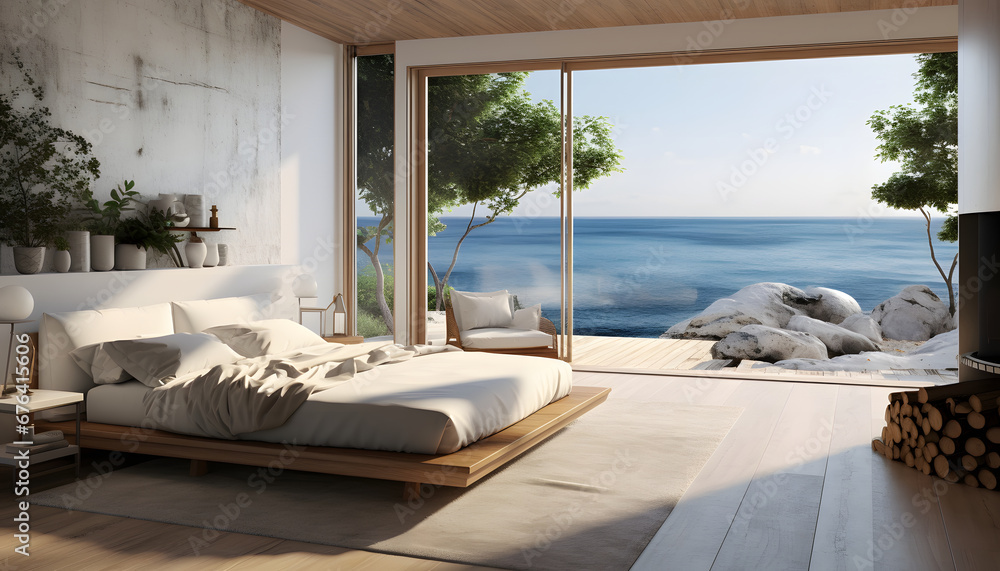 Scandinavian interior design of modern bedroom with sea view 