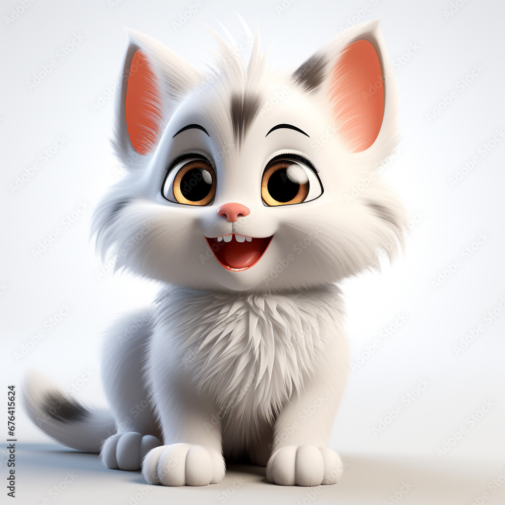 3D cartoon style image of a cute kitten. Looks happy and enthusiastic.