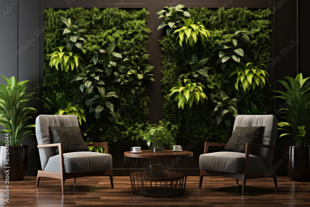 Lounge interior with two comfortable armchair. Vertical garden - wall design of green plants. Architecture, decor, eco concept