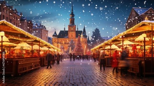 Photographic scene of Christmas market in an ancient European town.