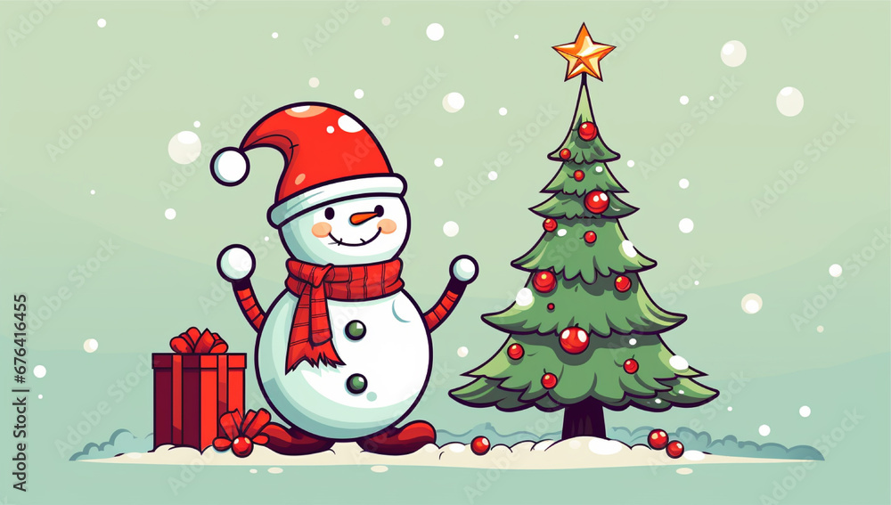 merry christmas card with snowman and christmas tree merry christmas card with snowman and christmas tree
