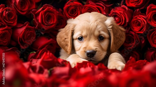 Romantic background cute gold retriver puppy poked his head out of a bouqet of red roses,copy space. photo
