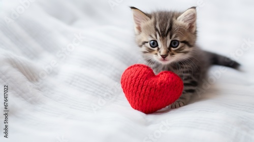 Valentines day background cute kitty and red knitted heartspace at the white background,copy space. photo