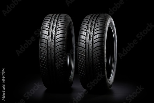 Set of fuel efficient car tires on black background. Winter and summer tire tread. Vulcanization service. Car wheel service concept photo