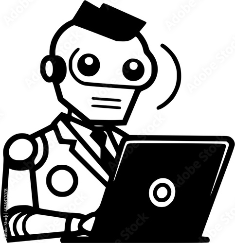 Hand-drawn Robotic AI Assistant Robot with Business Suit Using Laptop Vintage Outline Icon In Hand-drawn Style