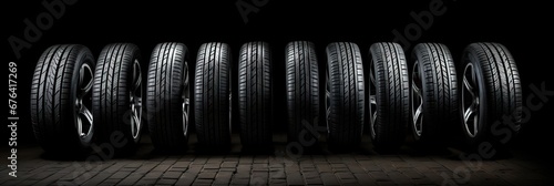 Set of fuel efficient car tires on black background. Winter and summer tire tread. Vulcanization service. Car wheel service concept photo