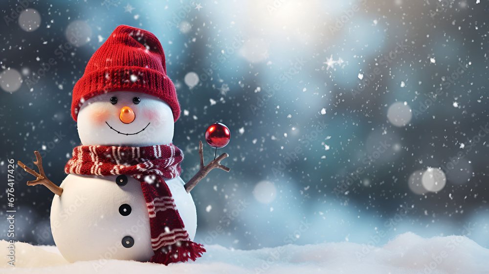 A snow man in the snowy Background ,with wearing Red santa hat and red scarf, Christmas Wallpaper
