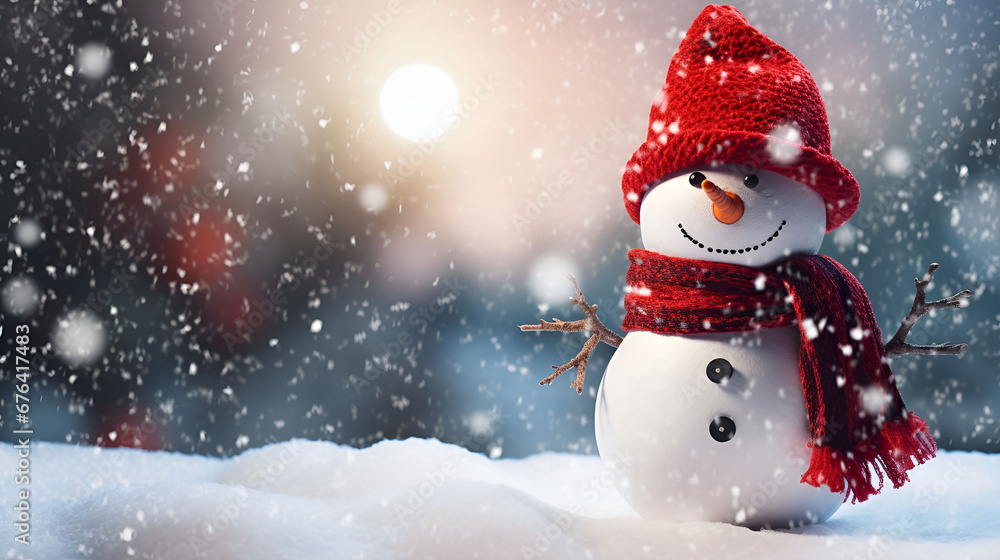 A snow man in the snowy Background ,with wearing Red santa hat and red scarf, Christmas Wallpaper
