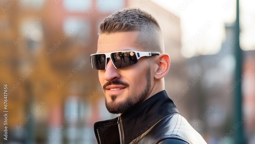 Handsome young man in leather jacket and sunglasses on the street Handsome young man in leather jacket and sunglasses on the street