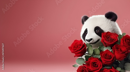 Romantic background cute panda bear with bouqet of red roses at the red background. photo