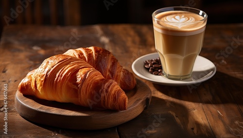 A cup of coffee and croissants on a wooden table photo