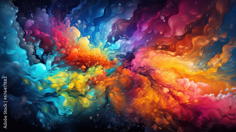 Luxurious HD wallpaper with colorful clouds, light nebula galaxy, aurora patterns, and a textured rainbow background with a full-color gradient.