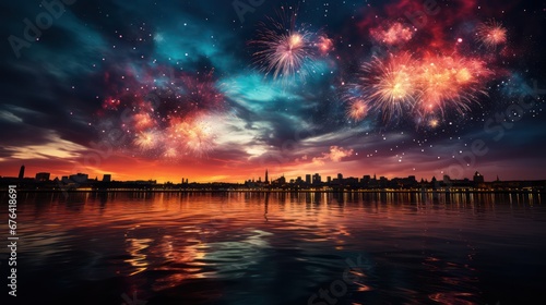 Background of a New Year's celebration with vibrant fireworks illuminating the sky above a picturesque city by the lake.