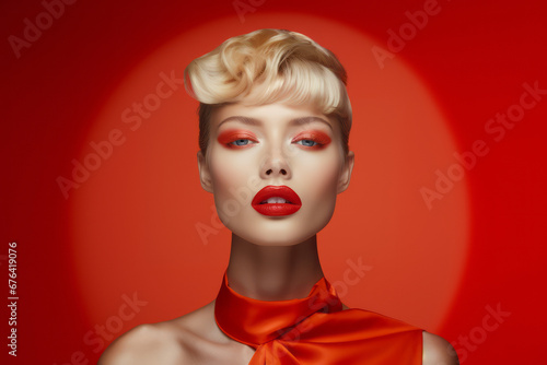 Fashion portrait closeup of a model with red make up. Cosmetic and beauty concept. Luxury style. AI Generated