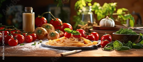 In the background of the cozy kitchen a wooden table adorned with fresh green vegetables showcases the art of cooking a vibrant red pasta dish with tomato sauce made from organic ingredients © TheWaterMeloonProjec