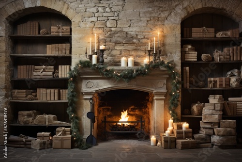 interior decorated with Christmas garlands and candles  burning fireplace  gifts  country house