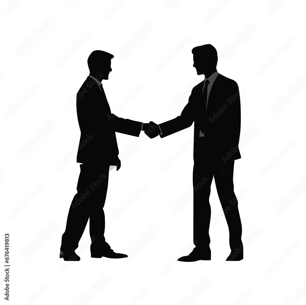 Minimalist vector illustration of a businessman shaking hands on a white background.