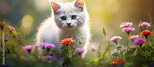 In the summer against a lush green backdrop of grass and an enchanting garden a cute white cat with a playful nature and curious eyes sits among the vibrant flowers creating a beautiful por