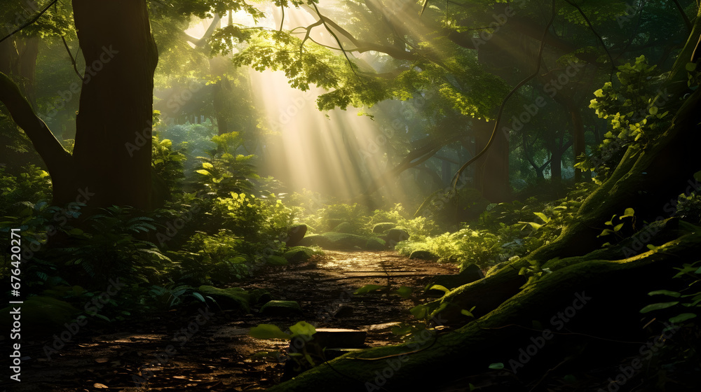 sun rays in a green forest landscape