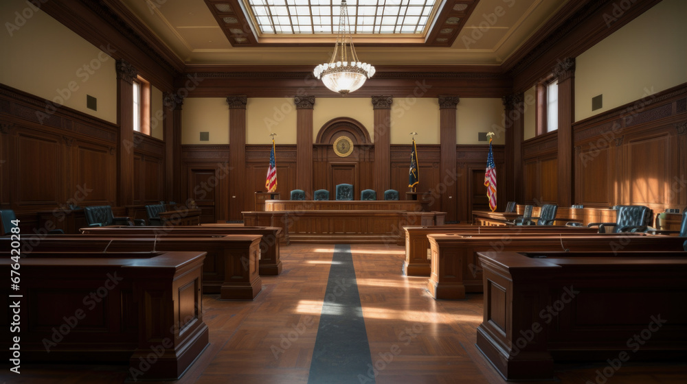 American courtroom. justice and law. chairs and judge table - obrazy, fototapety, plakaty 