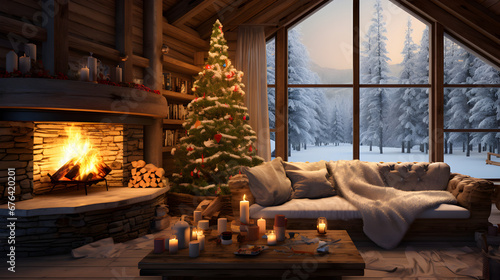 Christmas tree in a wooden cabin in winter.