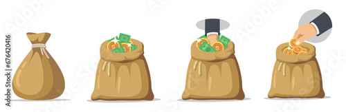 Money bag, dollar coins and banknotes in flat vector illustration.