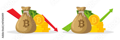 Bitcoin recession concept. Bitcoin loss, flat cash with down arrow