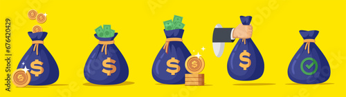 Money bag, dollar coins and banknotes in flat vector illustration.