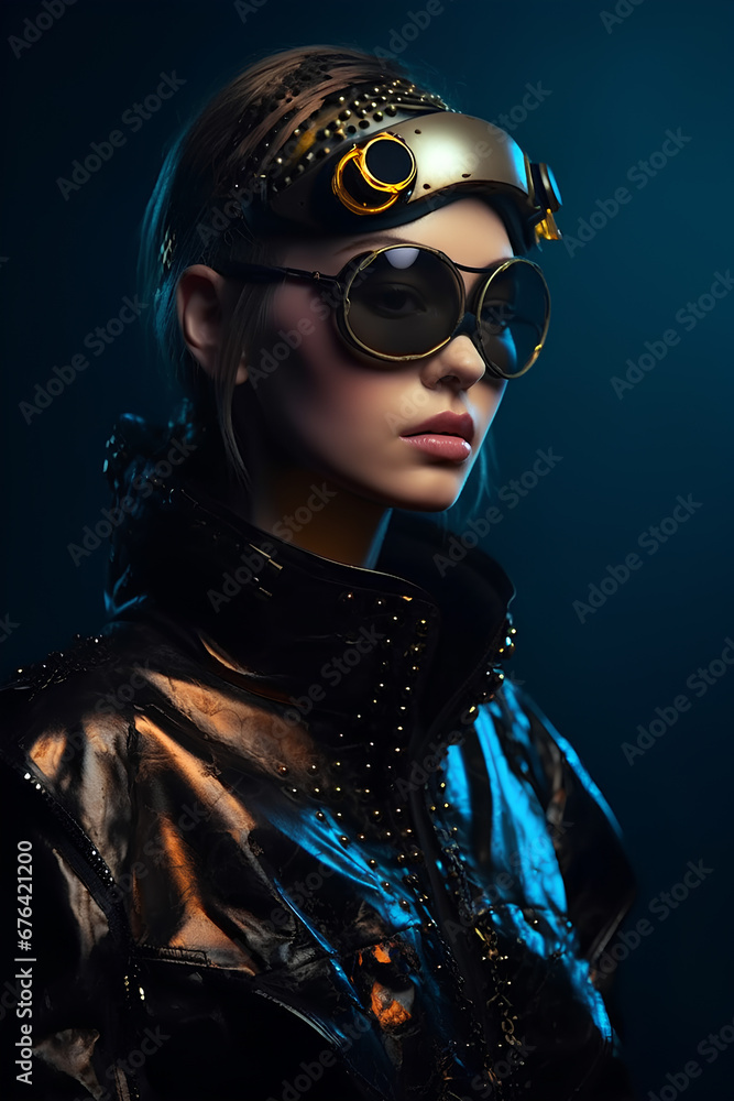 Young beautiful woman in futuristic costume with glasses. Fashion of future concept. Young beautiful woman in futuristic costume with glasses. Fashion of future concept.