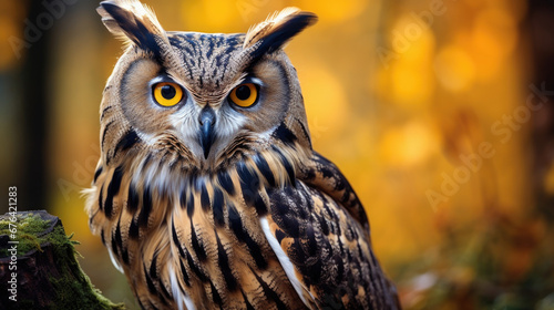 An Eurasian Eagle Owl staring at something out of shot in a woodland setting. © Ruslan Gilmanshin